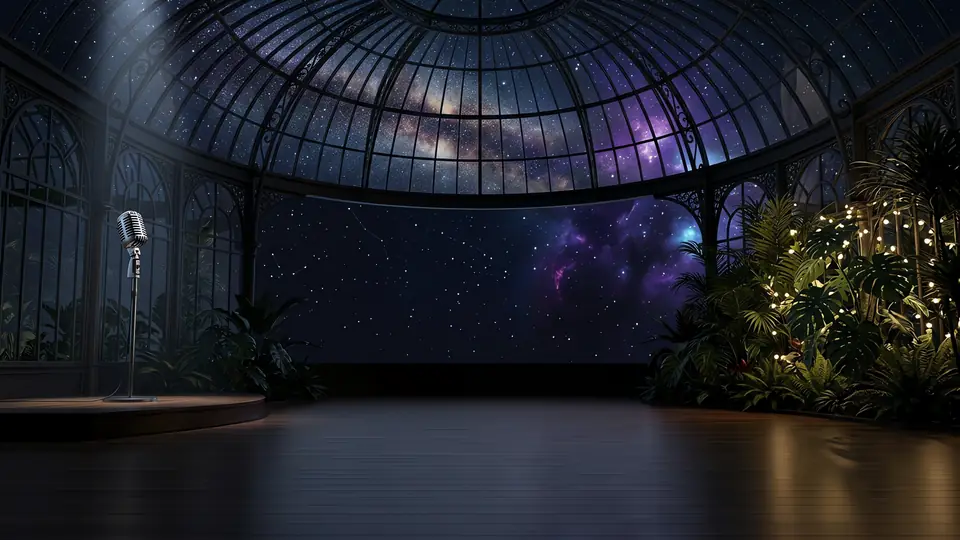 A glass dome over stars and a violet nebula, with plants strung with fairy lights.