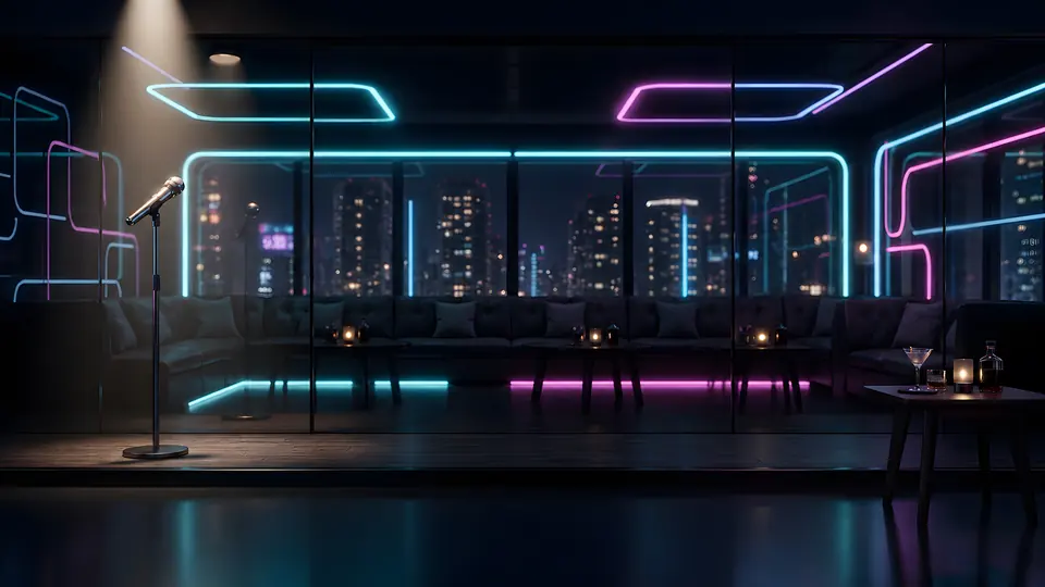 A dark lounge with cyan and magenta neon on frosted glass, city lights beyond, a spotlit microphone and a martini table.
