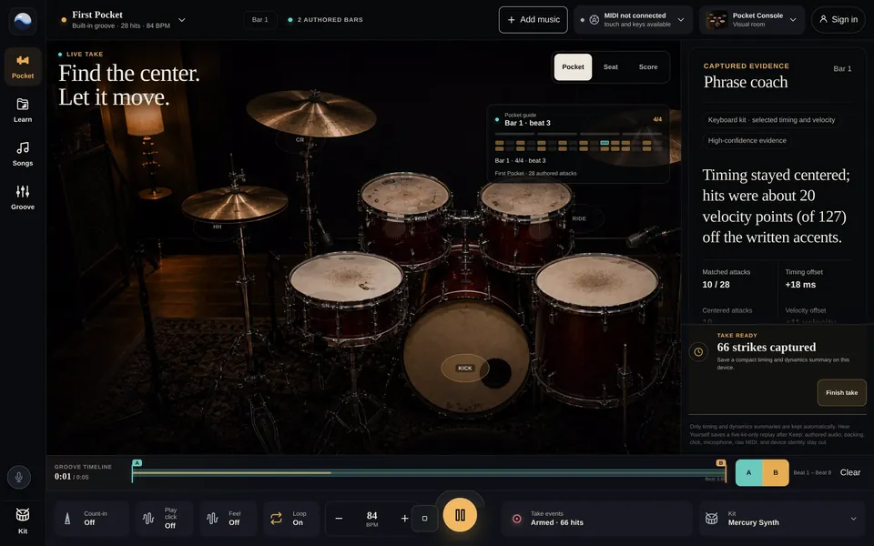 Drum Night in the Pocket Console: First Pocket plays in the Pocket view, hit zones over a photographed kit, then switches to the Score view, where a playhead runs along the notation.