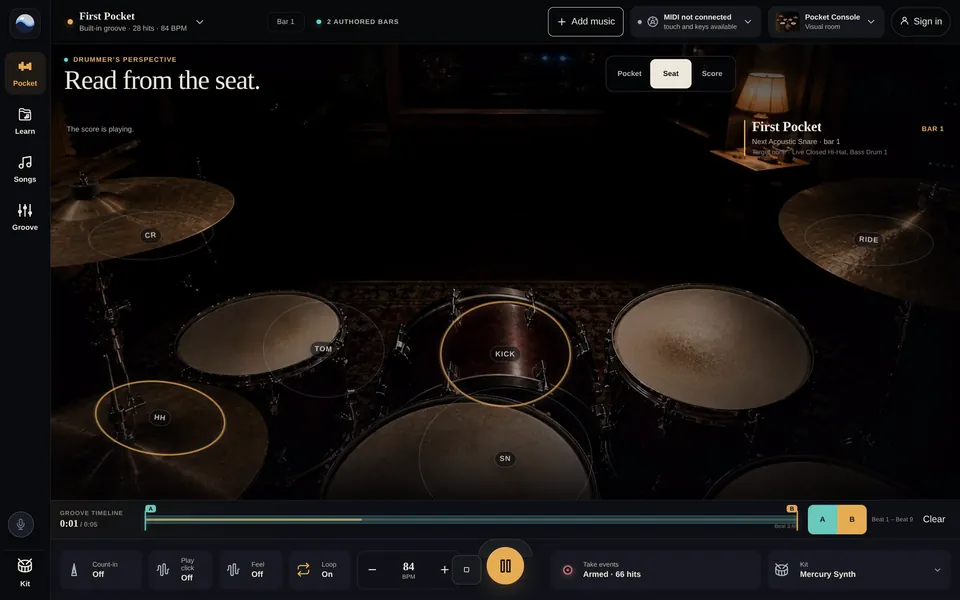 Drum Night from the drummer's seat: gold rings mark the hi-hat and the kick as they are struck, over the groove timeline.