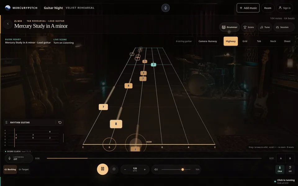Guitar Night: fret numbers ride a 3D fretboard highway toward the hit line in the Velvet Rehearsal room.