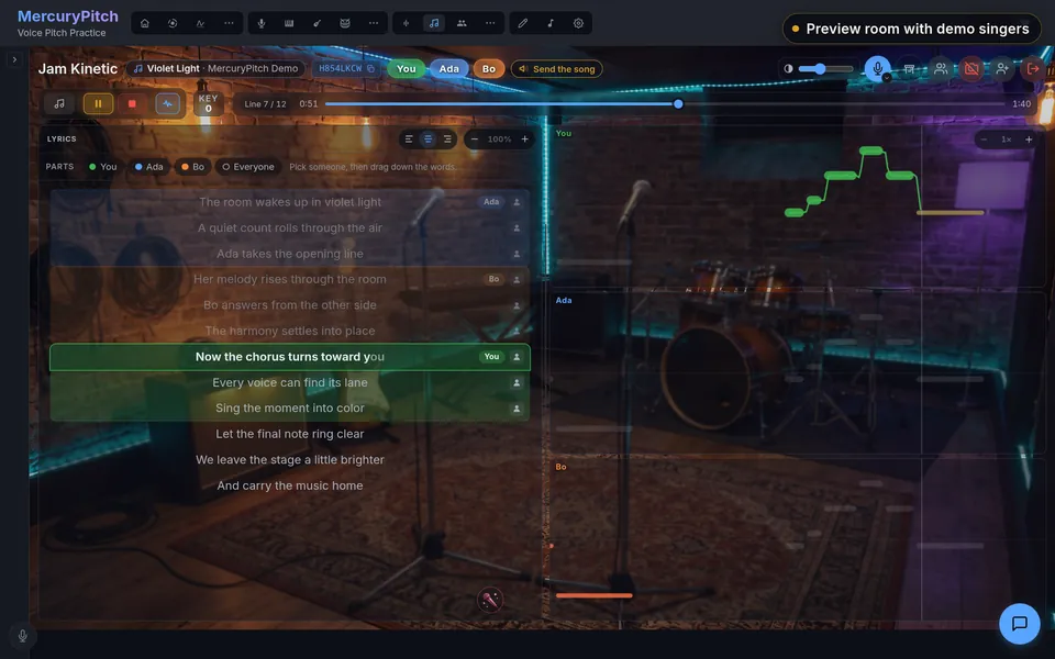 A Jam preview room singing Violet Light: the lyrics split between Ada, Bo and you, with your line lit and your pitch lane following it in green.