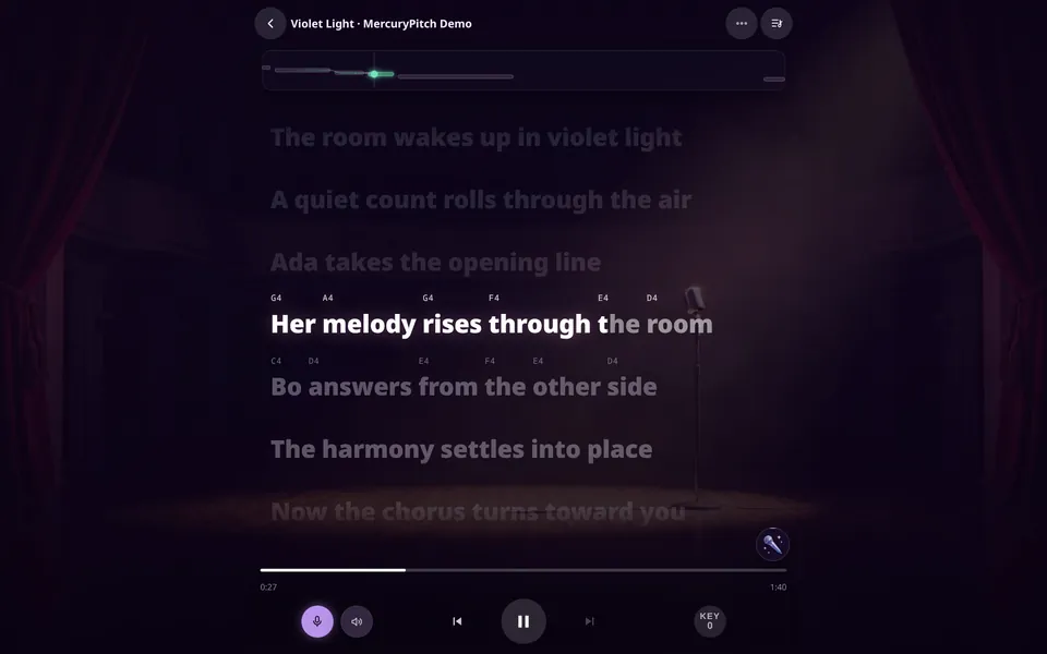 Karaoke Night in Zen view: the line "Her melody rises through the room" lights up word by word, with the note to sing above each word.