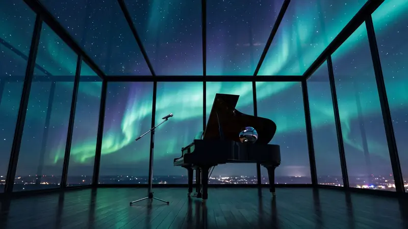 A dark glass-walled room under green northern lights, with a black grand piano and a mic stand.