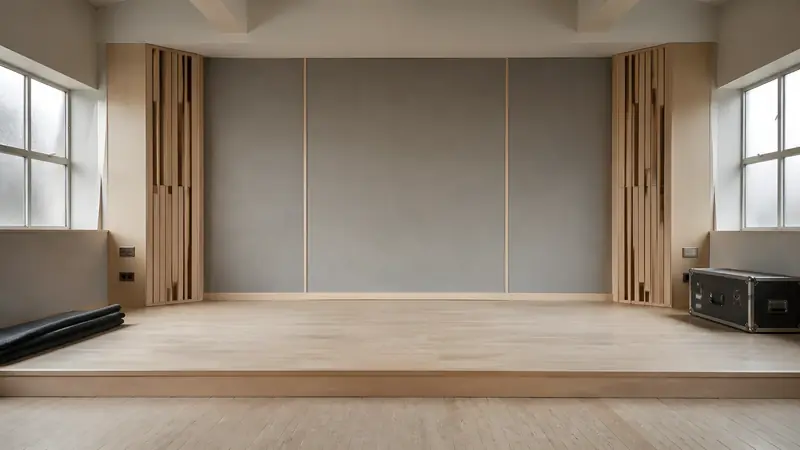 A drum riser in a bright, daylit room.