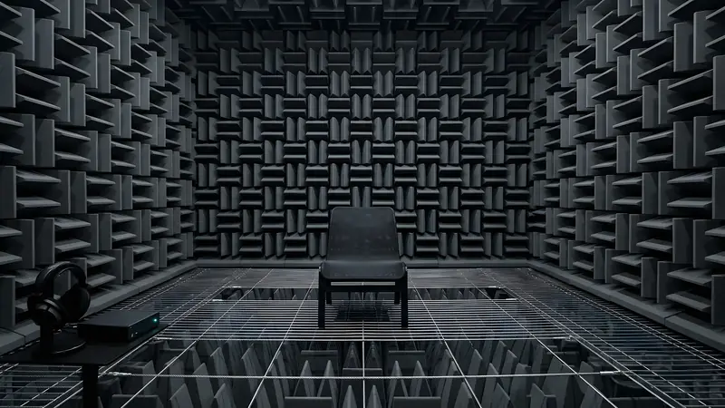 Wedge foam, one chair and a headphone stand in even light.