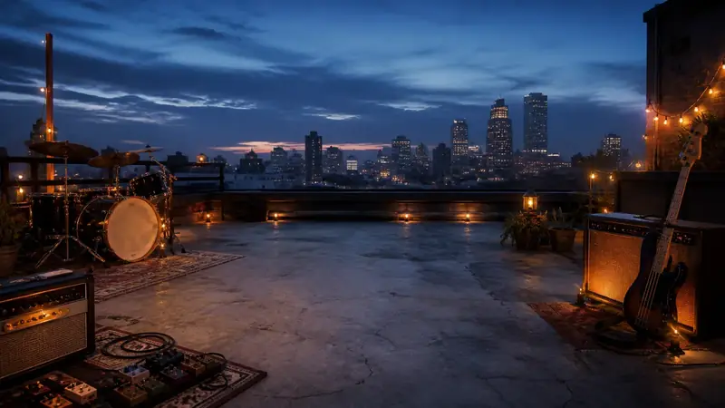 A city rooftop at dusk.
