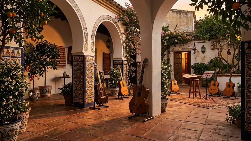 A tiled courtyard with a nylon-string guitar.