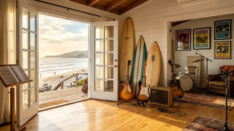 An open garage by the beach in the sun.