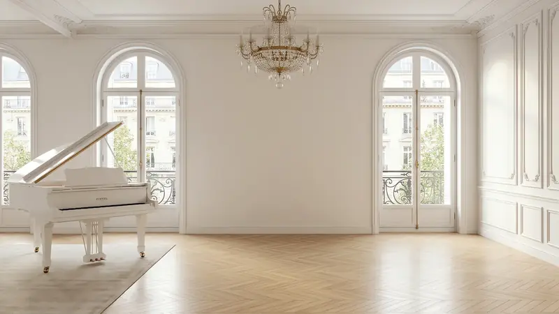 A bright Parisian salon with a grand piano.