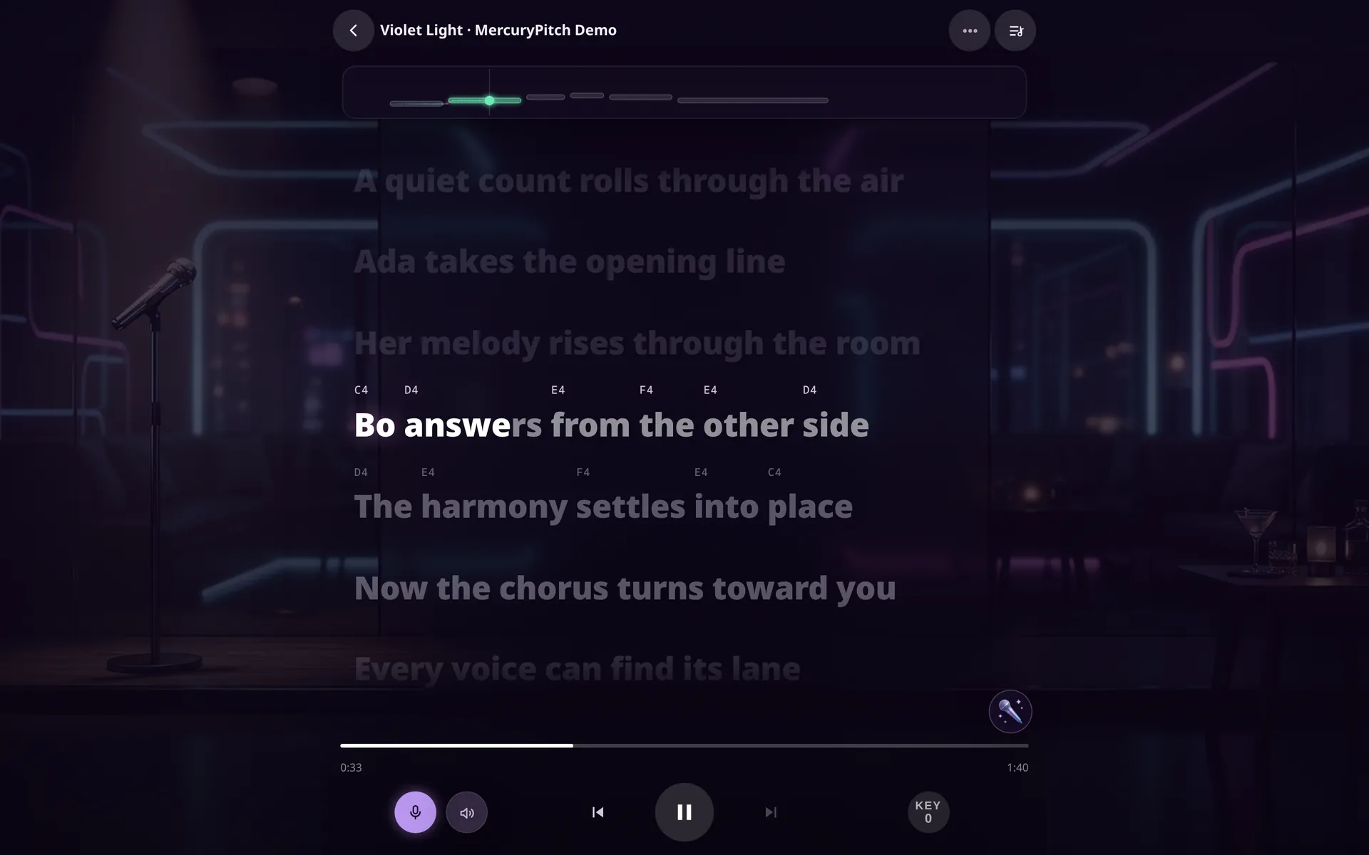 Karaoke Night playing the demo song Violet Light: the line being sung lit, with its note names above it, in a neon karaoke bar.
