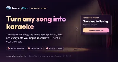 MercuryPitch Karaoke Night showing a separated instrumental track with timed lyrics.